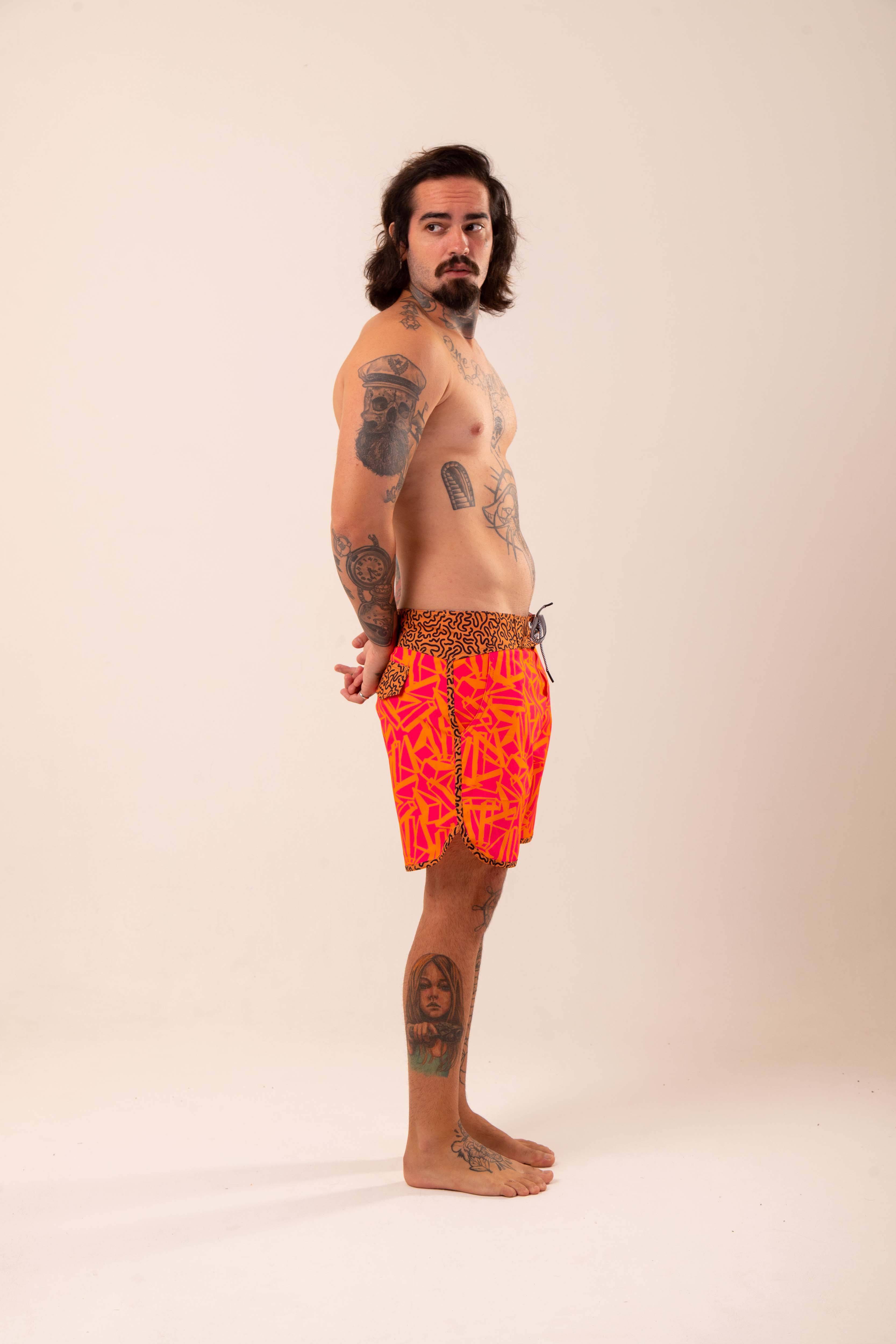Boardshort Surf Retrô Geometric Rosa